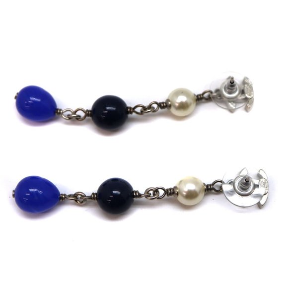 CHANEL Blue White Pearl Long Strand Triple Pearl Stone Earrings - Picture 3 of 5